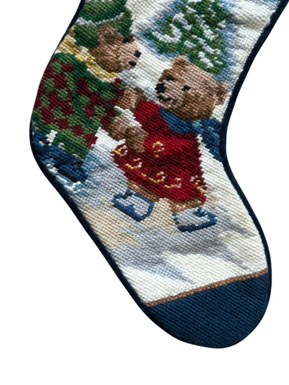 Vintage Wool Needlepoint Dad Teddy Bear Christmas Stocking Ski Lodge Holiday 17”